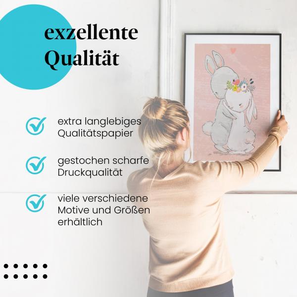 Gerahmtes Bild "Umarmende Hasen", liebevolles Motiv auf hochwertigem Papier, in verschiedenen Größen erhältlich.