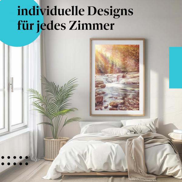 Herbstposter: "Herbstlicher Wasserfall" - Moosbewachsene Steine & bunte Blätter