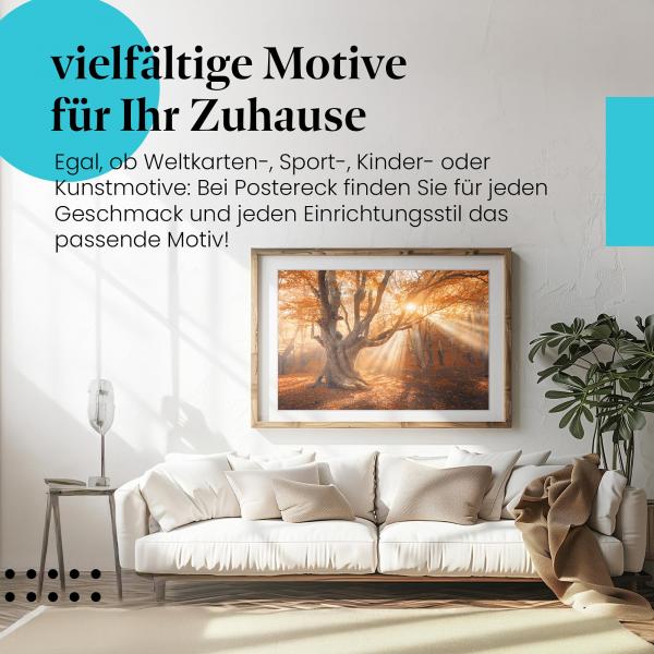 Leinwandbild "Herbstwald": Goldenes Licht, knorriger Baum - mystische Stimmung.