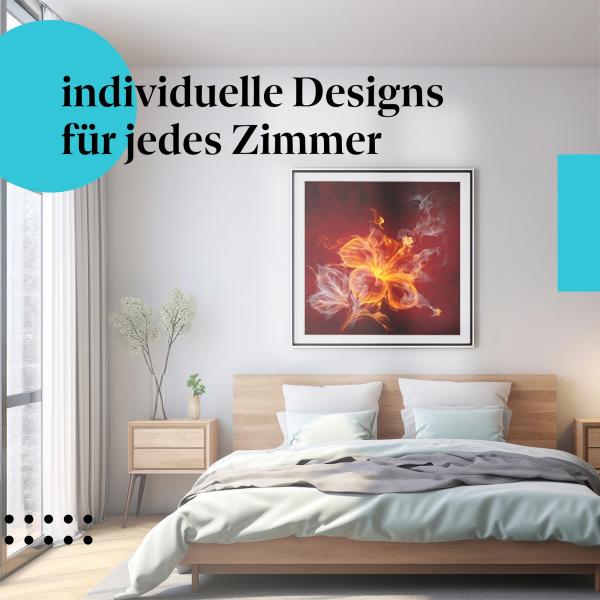Schlafzimmer Deko: Modernes Schlafzimmer mit "Hibiskusblüte" Poster. Leidenschaftliche Wanddeko.