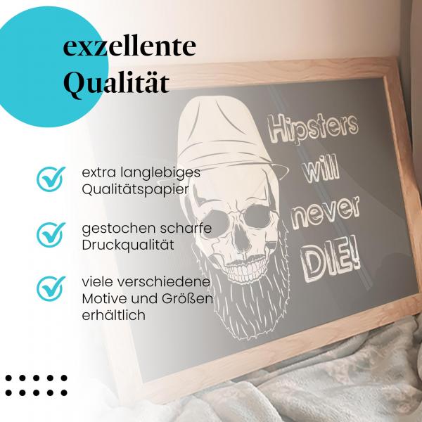 Gerahmtes Bild "Hipster". Totenkopf, Bart, Hut, humorvolles Design.
