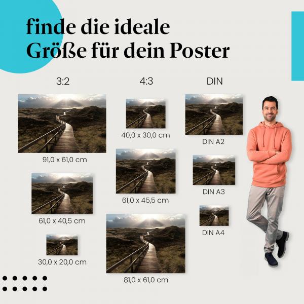 "Weg durch die Dünen": Poster mit Holzsteg, Dünen & Sonnenstrahlen