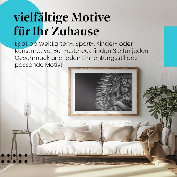 Leinwandbild "Frau mit Federschmuck": Porträt, Schwarz-Weiß - ausdrucksstark.