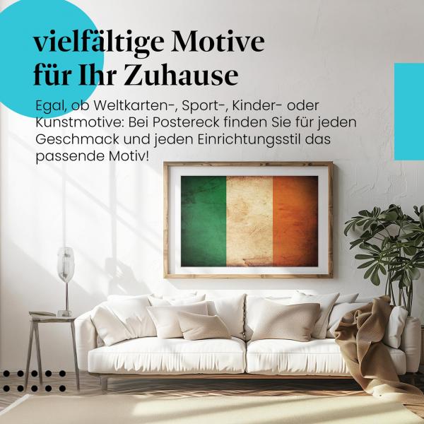 Stylisches Leinwandbild: Irische Grunge Flagge im Vintage-Stil. Wanddeko für Irland-Fans.