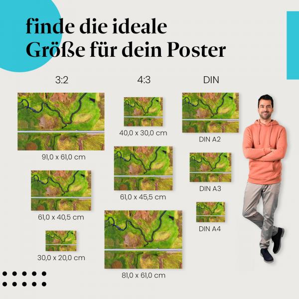 Island, Poster: Straße, Fluss, Luftaufnahme.