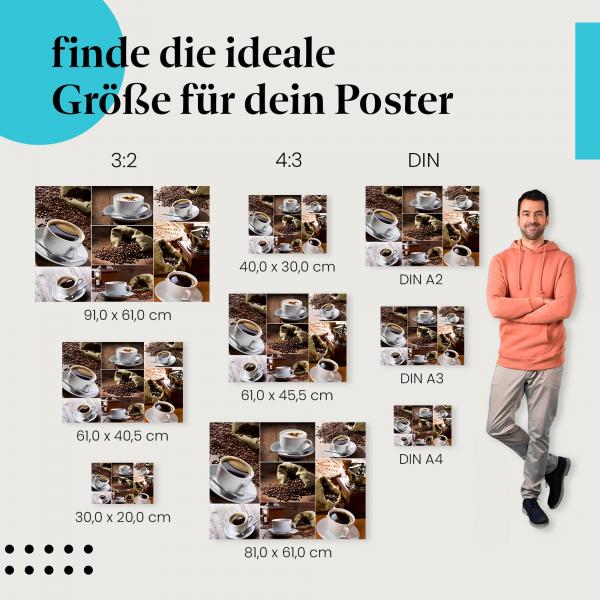 Kaffee, Poster: Zubereitungsarten, Bohnen, Tasse.