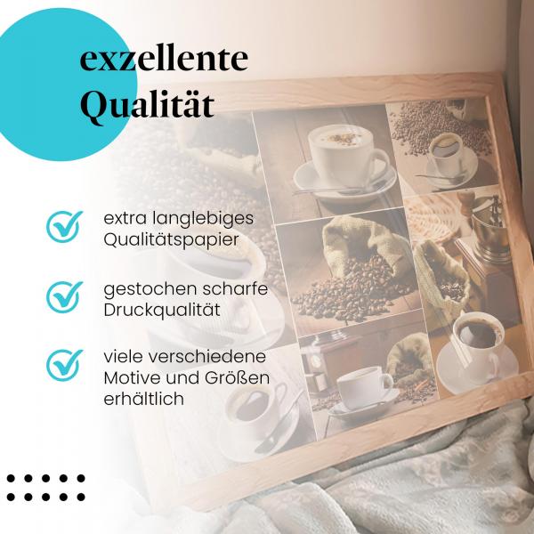 Gerahmtes Bild "Kaffeegenuss". Kaffeebohnen, Tassen, verschiedene Zubereitungen.