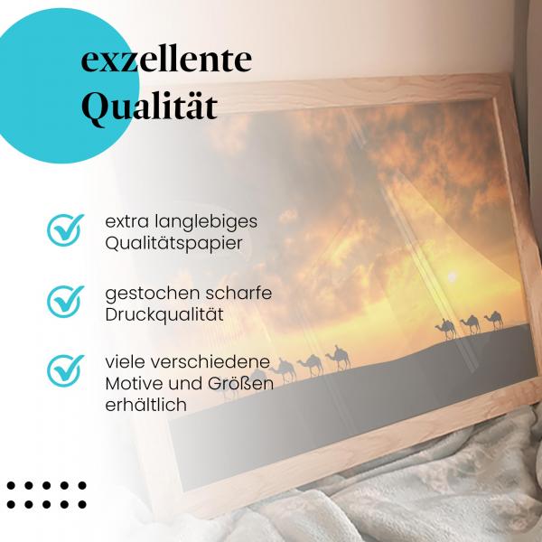 "Karawane im Sonnenuntergang": Gerahmtes Wandbild - Reise durch die Wüste.