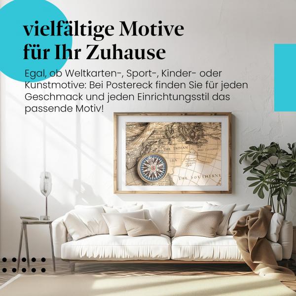 Stylisches Leinwandbild: Abenteuerlust: Kompass und Karte auf alter Seefahrerkarte.