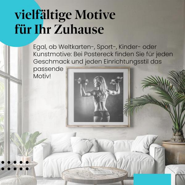 Leinwandbild "Krafttraining": Frau, Hanteln, Rückenmuskulatur - stark & athletisch.