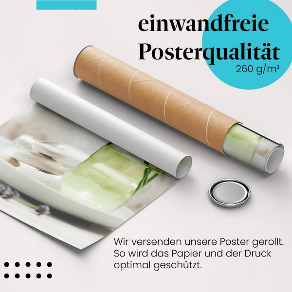 "Entspannung": Gerolltes Poster, Lavendelöl, Wellness.