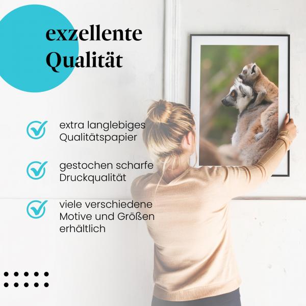 Gerahmtes Bild "Lemuren". Mutter & Kind, Regenwald, süß & neugierig.