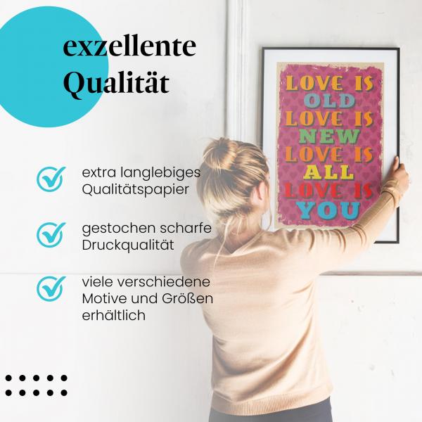 Gerahmtes Wandbild "Liebe, Poster, Vintage". Hochwertiger Druck, verschiedene Größen erhältlich.