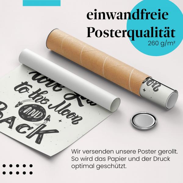 Gerolltes Poster "Liebe bis zum Mond". Liebevolle Botschaft, sicher verpackt.
