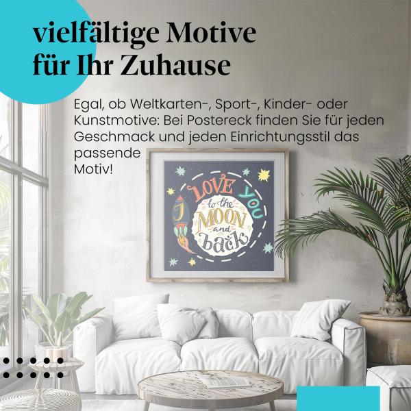 Leinwandbild "Liebe dich bis zum Mond": Verspielte Typografie mit Rakete.