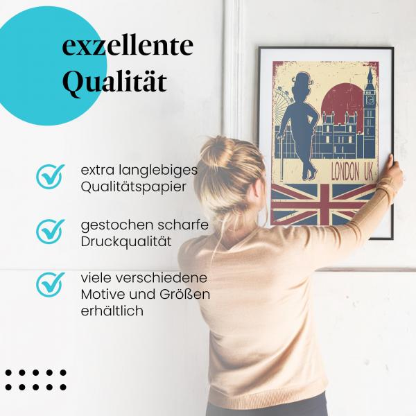 Gerahmtes Wandbild "London, Sehenswürdigkeiten, Retro". Hochwertiger Druck, verschiedene Größen erhältlich.