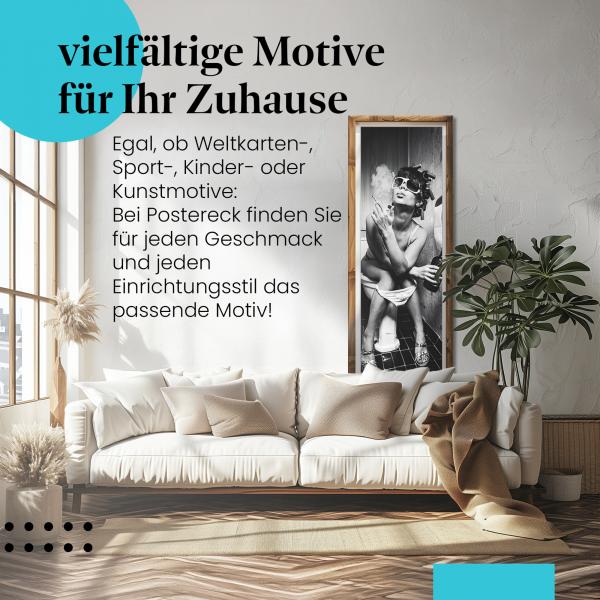 Gerahmtes Wandbild "Frau auf Toilette mit Zigarette" in verschiedenen Größen.