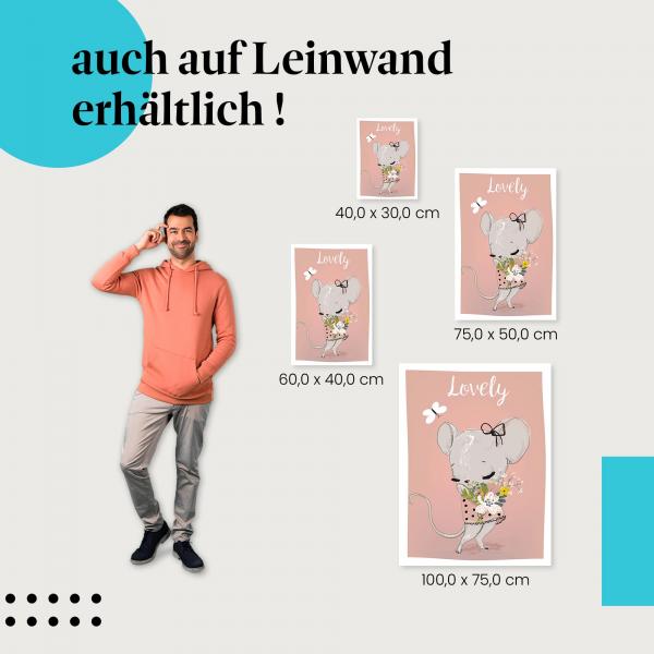 Maus: Leinwandbild. Schleife, Blumenstrauß.