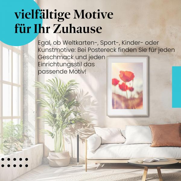 Dieses Leinwandbild mit den Mohnblumen im Sonnenuntergang ist ein Hingucker und bringt Sommerlaune in Ihr Zuhause.