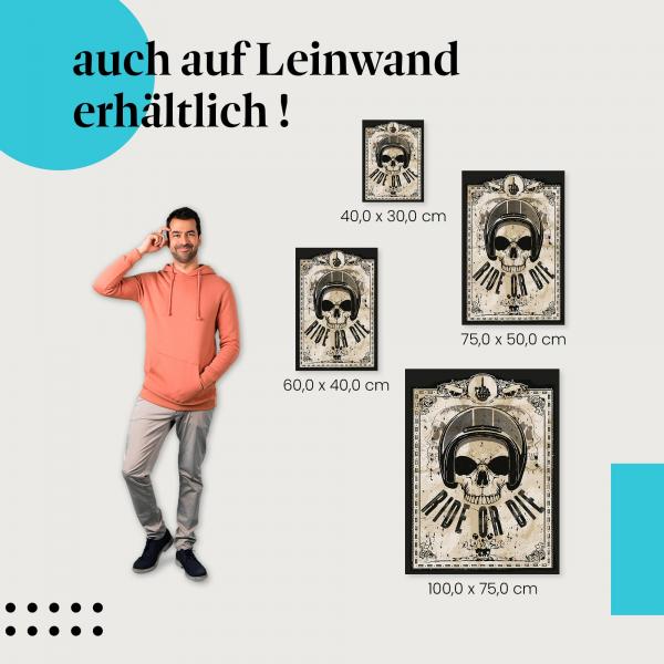 Totenkopf mit Helm und "Ride or Die" im Vintage-Rahmen als Leinwandbild - cooles Design für Motorrad-Fans.