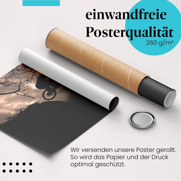 "Mountainbiker springt": Gerolltes Poster - Adrenalinrausch, Felsen.