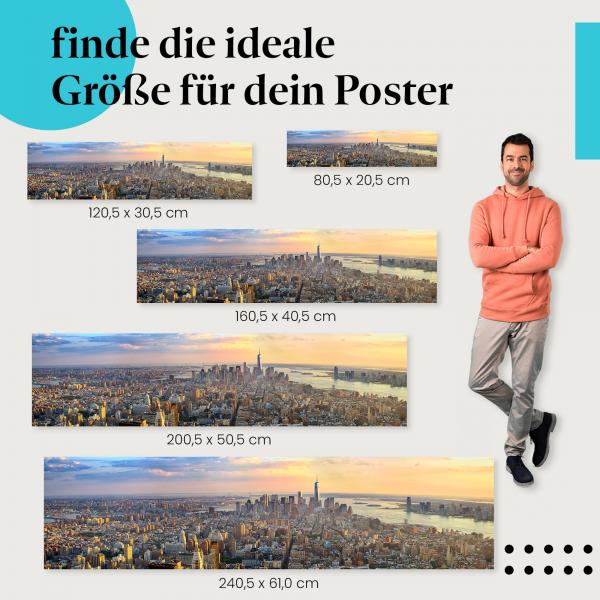 Wähle die ideale Postergröße: Panoramaaufnahme der Skyline von New York City bei Sonnenuntergang - ein atemberaubender Blick!