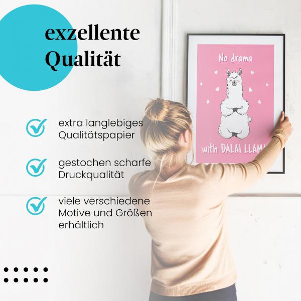 Gerahmtes Bild "Dalai Lama". Lama-Motiv, rosa Hintergrund, lustiger Spruch.
