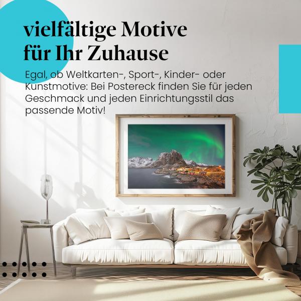 Stylisches Leinwandbild: Faszinierende Nordlichter über malerischem Fischerdorf in Norwegen.