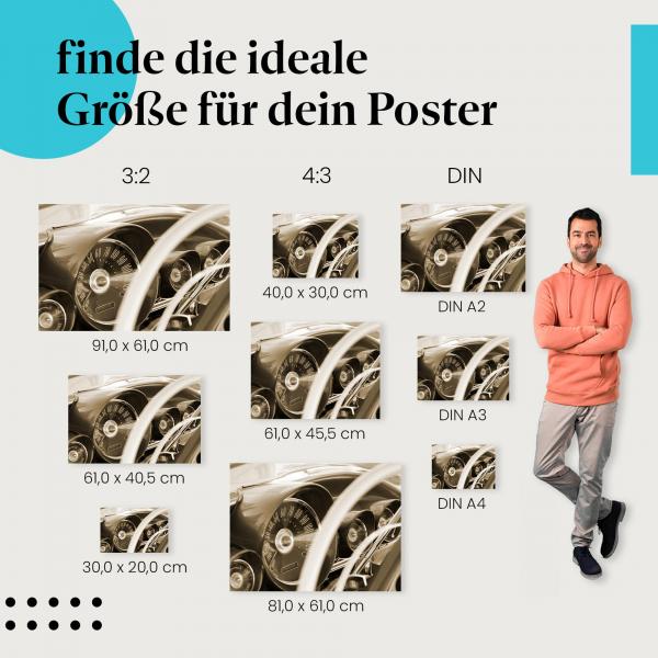 Postergrößen für Autoliebhaber! Armaturenbrett-Poster im Vintage-Look für deine Wand.