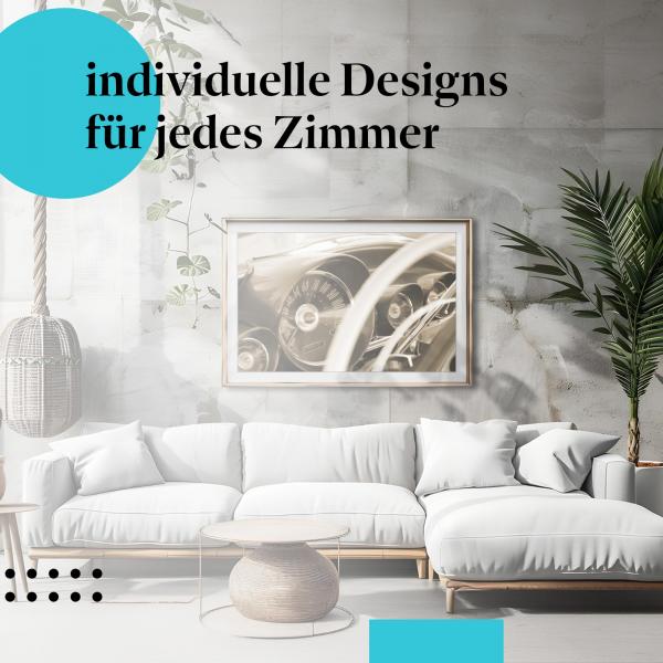 Schlafzimmer Deko: "Auto Armaturenbrett" Poster. Wanddeko im minimalistischen Schlafzimmer für Oldtimer-Fans.