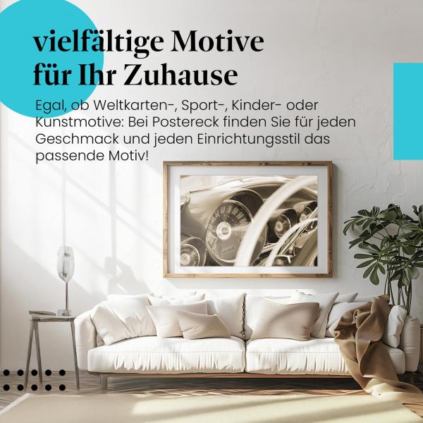 Leinwandbild "Klassisches Auto Armaturenbrett mit Tachoanzeige". Nostalgische Wanddeko für Oldtimer-Liebhaber.