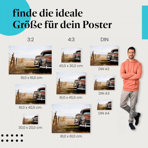Vintage-Flair für dein Zuhause: Poster mit alten Autos, verschiedene Größen erhältlich.