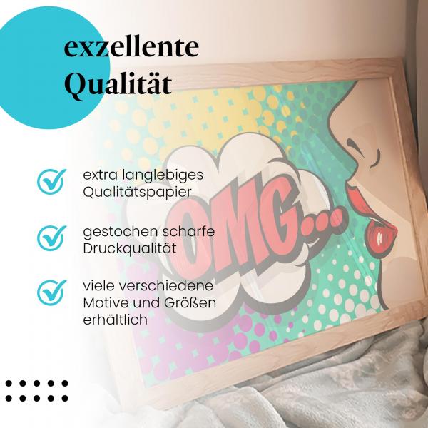 Gerahmtes Wandbild "OMG, Pop Art, Frau". Hochwertiger Druck, langlebiges Papier. Verschiedene Motive und Größen erhältlich.