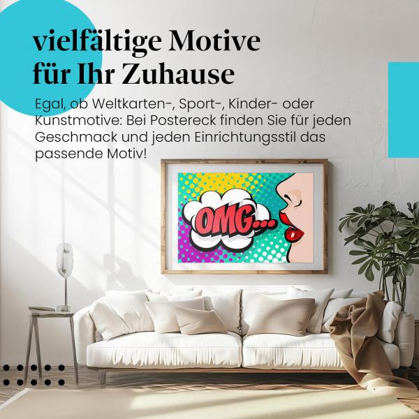Stylisches Leinwandbild: OMG! - Überraschte Frau im Pop Art Stil.