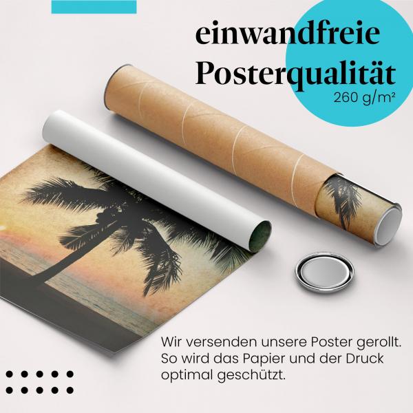 Gerolltes Poster "Palme am Strand", Sonnenuntergang.