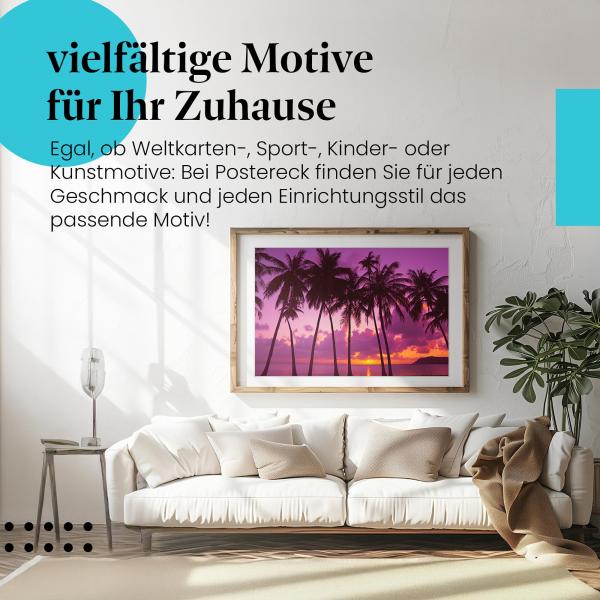 Leinwandbild Palmenstrand: Magischer Sonnenuntergang am Palmenstrand in Lilatönen.