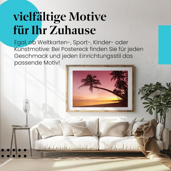 Stylisches Leinwandbild: Palmenstrand bei Sonnenuntergang - Romantische Stimmung am Meer.