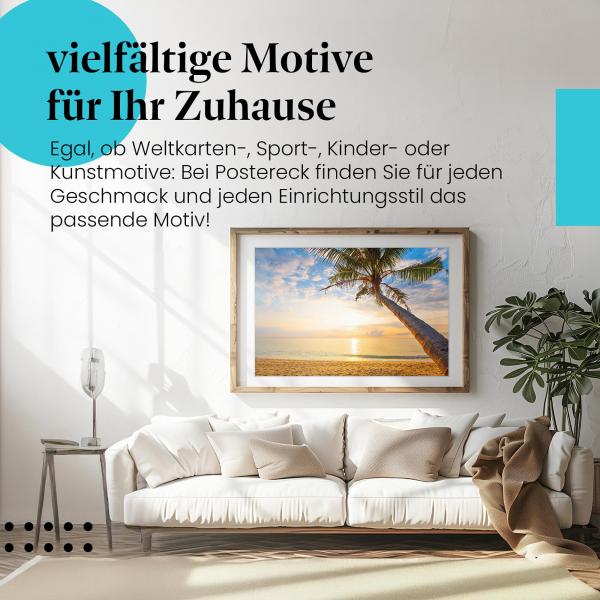 Leinwandbild "Palme & Strand": Sonnenuntergang, warme Farben - Urlaubsfeeling.