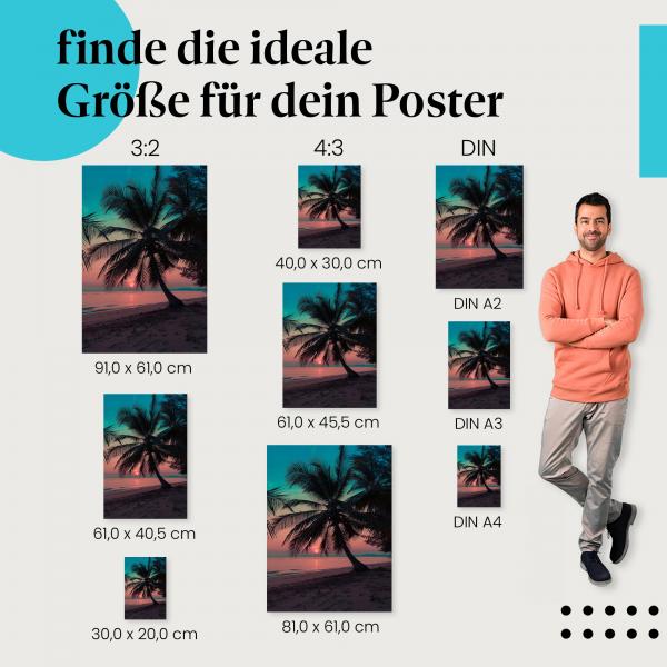Strand, Poster: Palmen, Sonnenuntergang, romantisch.