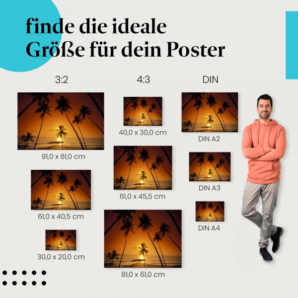 Entdecke die passende Postergröße: Palmen am Strand, roter Sonnenuntergang, Menschen.