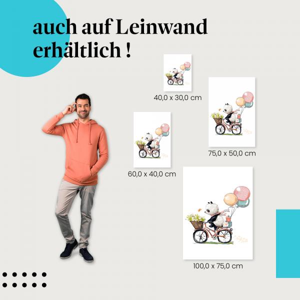 Panda: Leinwandbild. Fahrrad, Geschenke, Ballons.