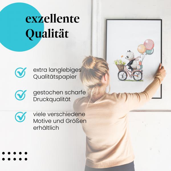 Gerahmtes Bild "Panda". Fahrrad, Geschenke, Ballons, fröhlich.