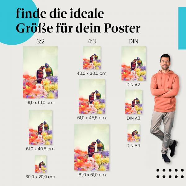 "Liebe liegt in der Luft": Poster - Papageienpaar, Blumen & Frühling