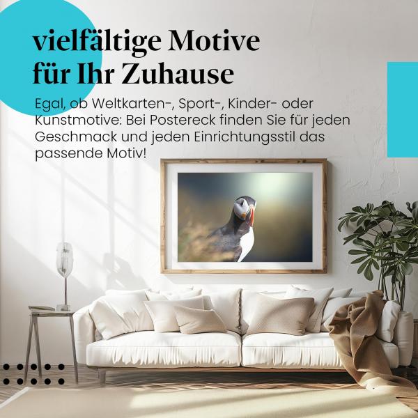 Stylisches Leinwandbild: Papageientaucher im Abendlicht.