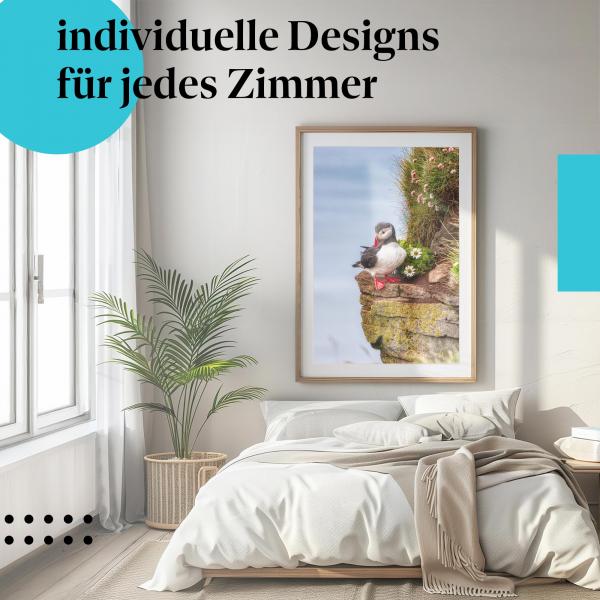 Schlafzimmer Deko: "Papageientaucher" Poster: Ein bunter Vogel - perfekt für Ihre Wand.