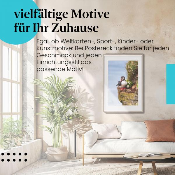 Leinwandbild "Papageientaucher": Klippe, grüne Pflanzen, weiße Blüten - ein exotischer Hingucker.