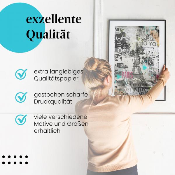 Gerahmtes Wandbild "Eiffelturm, Paris, Mode". Hochwertiger Druck, verschiedene Größen erhältlich.