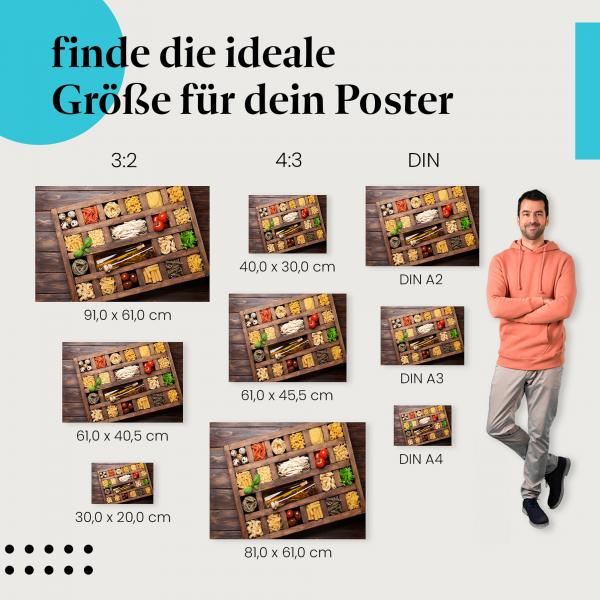 "Vielfalt der Pasta: Sortiment": Poster mit Pasta, Tomaten, Basilikum & Olivenöl