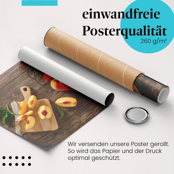 Gerolltes Poster "Pfirsiche". Frisches Obst, sicher verpackt.