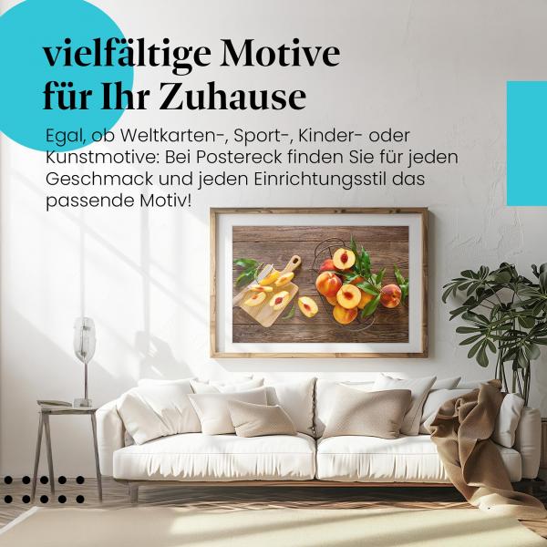 Leinwandbild "Pfirsiche": Korb, Holz, Sommer - fruchtiger Genuss!